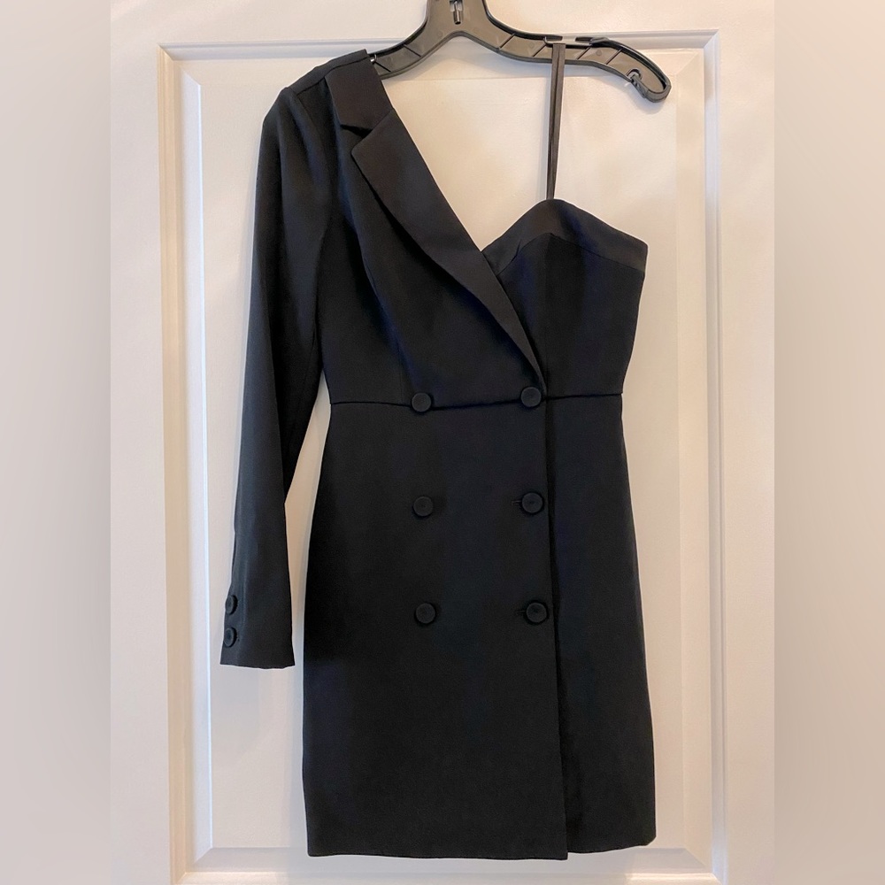 BCBG black tuxedo style one shoulder dress, Size 0